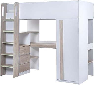 happybeds White Kids High Sleeper, Ocean Pale Wood and White Children's High Sleeper with Storage