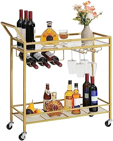 HOOBRO Bar Cart for The Home, 2-Tier Kitchen Cart with Wine Rack and Glass Holder, Serving Cart with Wheels and Guard Rails for Dining Room, Living Room, Party, Bar, Gold GD11TC01