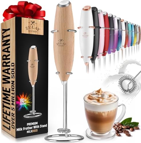 Zulay Kitchen Powerful Milk Frother Wand - Ultra Fast Handheld Drink Mixer - Electric Whisk Foam Maker for Coffee, Lattes, Cappuccino, Frappe, Matcha & Coffee Creamer - Milk Boss Maple