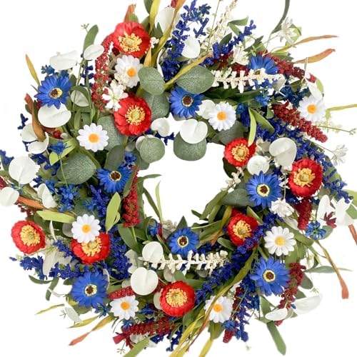 TEMPUS 20-inch Patriotic Wreath Independence Day Red, White and Blue Daisy Grass Leaf Wreath for Doorsteps, Memorial Day Flag Day Veterans Day