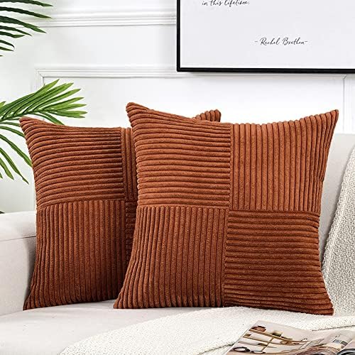 Fancy Homi 2 Packs Rust Boho Decorative Throw Pillow Covers 18x18 Inch for Couch Bed Sofa, Farmhouse Fall Home Decor, Soft Corss Corduroy Patchwork Textured Terracotta Accent Cushion Case 45x45 cm