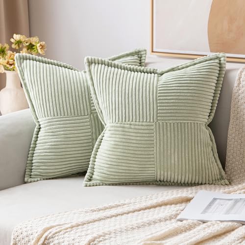 MIULEE Light Green Corduroy Pillow Covers 18x18 Inch with Splicing Set of 2 Super Soft Boho Striped Pillow Covers Broadside Decorative Textured Throw Pillows for Spring Couch Cushion Bed Livingroom