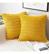 MIULEE Mustard Yellow Corduroy Decorative Throw Pillow Covers Pack of 2 Pom-pom Soft Boho Striped...