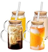 ANOTION Glass Cups 4 Packs, 16oz Coffee Cups with Lids and Glass Straws Coffee Mugs Clear Tumbler...