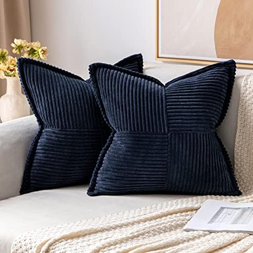 MIULEE Navy Blue Corduroy Pillow Covers with Splicing Set of 2 Super Soft Boho Striped Pillow Covers Broadside Decorative Textured Throw Pillows for Couch Cushion Bed Livingroom 18 x 18 inch