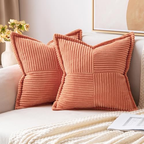 MIULEE Coral Red Corduroy Pillow Covers 18x18 Inch with Splicing Set of 2 Super Soft Boho Striped Pillow Covers Broadside Decorative Textured Throw Pillows for Spring Couch Cushion Bed Livingroom