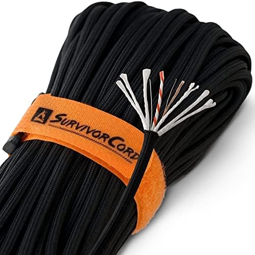 620 LB Black SurvivorCord Hank, Black Paracord 550 Type III, Military Grade, Heavy Duty Paracord with 3 Survival Strands, Cordage for Camping, with Survival Firestarter.
