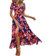 PRETTYGARDEN Women's Summer Wrap Maxi Dress Casual Boho Floral V Neck Short Sleeve Ruffle Hem Spl...