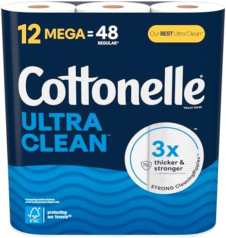 Cottonelle Ultra Clean Toilet Paper, Strong Toilet Tissue, 12 Mega Rolls (12 Mega Rolls = 48 Regular Rolls), 284 Sheets Per