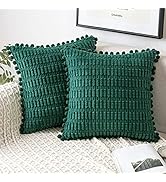 MIULEE Green Corduroy Decorative Throw Pillow Covers Pack of 2 Pom-pom Soft Boho Striped Pillow C...