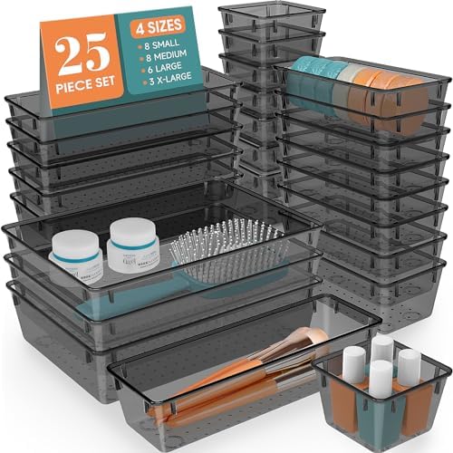 WOWBOX 25 PCS Plastic Drawer Organizer Set, Desk Drawer Divider Organizers and Storage Bins for Makeup, Jewelry, Gadgets for Kitchen, Bedroom, Bathroom, Office, Black