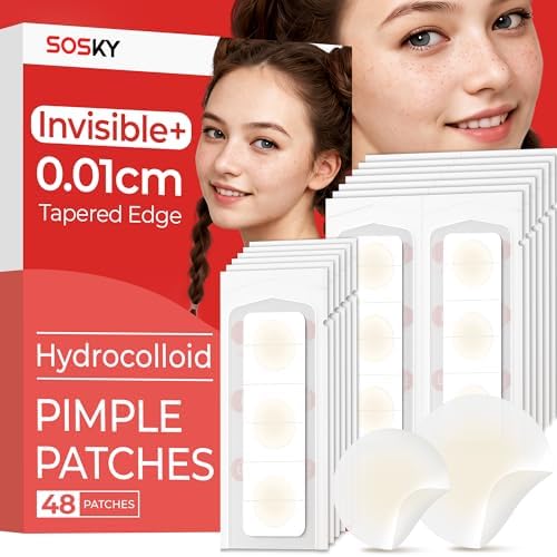 Sosky Pimple Patches for Face, FSA HSA Eligible Invisible Hydrocolloid Acne Patches, Zit Sticker for Face and Skin, Pimple Patches for Covering Zits, Blemishes with Salicylic Acid 2 Sizes 48 Count