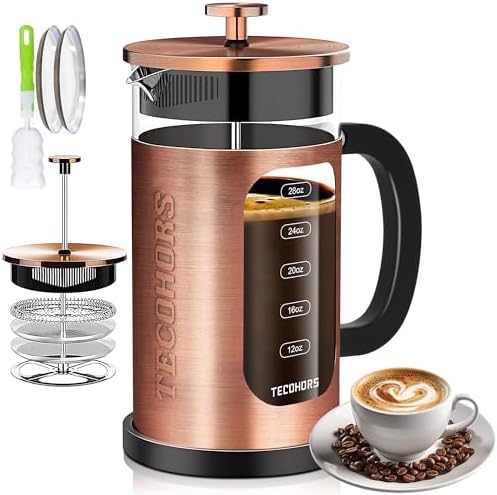 TECOHORS French Press Coffee Maker 34oz / 1 Quart 304 Stainless Steel Coffee Press,with 4 Filters System, Heat Resistant Thickness Borosilicate Glass, Brewed Coffee Pot (Copper)