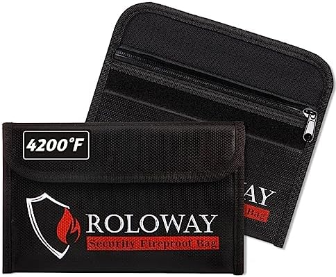 ROLOWAY Small Fireproof Bag (5 x 8 inches), Non-Itchy Fireproof Money Bag, Fireproof Wallet Bag, Cash Fireproof Bag Set for Valuables - Passport, Currency & Keys (2-Pack Black)