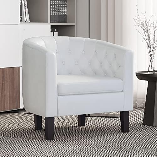 BELLEZE White Accent Chairs for Living Room, Elegant Arm Chair Upholstered Tufted Barrel Chair Club Chair for Bedroom with Sturdy Legs and Faux Leather - Berlinda (White)