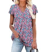 ROSELINLIN Womens Ruffle Sleeve Summer Tunic Tops V Neck Loose Fit Short Sleeve T Shirts