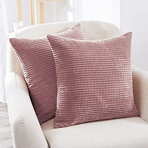 Deconovo Corduroy Throw Pillow Cover with Stripe, 18x18 Inch, Coral Cushion Covers for Couch Sofa Bedroom Living Room, Pack of 2