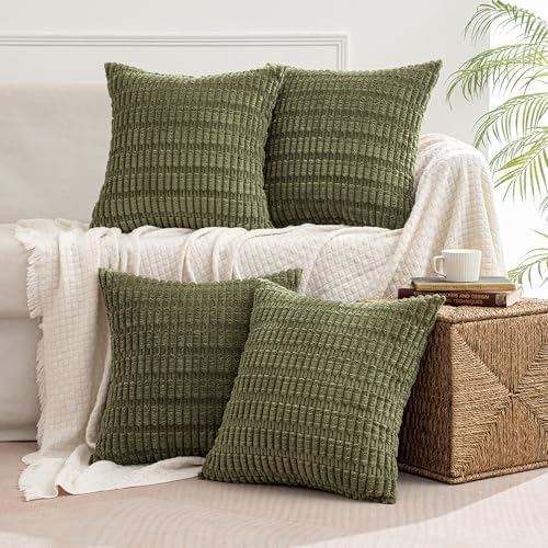 MIULEE Pack of 4 Olive Green Corduroy Decorative Throw Pillow Covers 16x16 Inch Soft Boho Striped Pillow Covers Modern Farmhouse Home Decor for Sofa Living Room Couch Bed