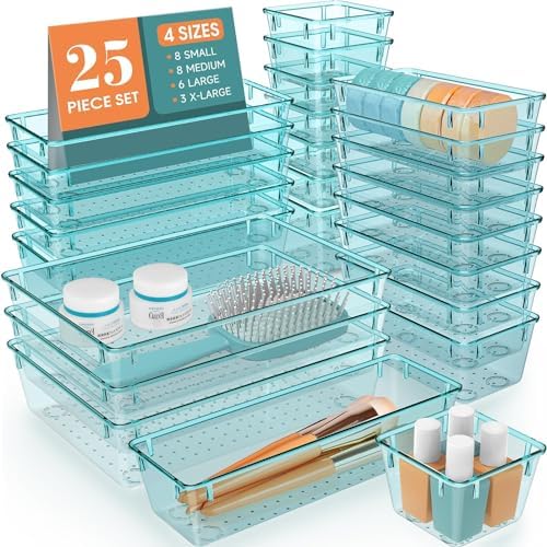 WOWBOX 25 PCS Plastic Drawer Organizer Set, 4 Sizes Desk Drawer Divider Organizers and Storage Bins for Makeup, Jewelry, Gadgets for Kitchen, Bedroom, Bathroom, Office, Sea Blue