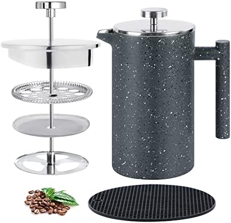 BAZZEFF French Press Coffee Maker 34oz with Double-Insulated Stainless Steel Large Metal Coffee Press with 3 Layer Filtration System for Ultimate Coffee Tea Brewing in Travel Camping or Home