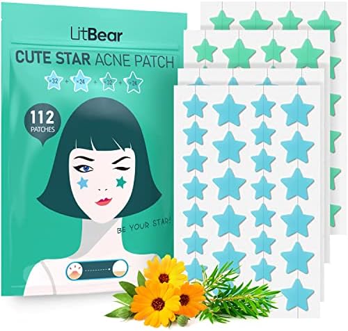 Star-Shaped Pimple Patch Hydrocolloid Acne Stickers with Tea Tree Oil + Salicylic Acid, Cover Dot for Acne Blemish, Pimples, Whiteheads, Zit, Draw out Oil & Impurities, 112 Dots, 14mm & 10mm