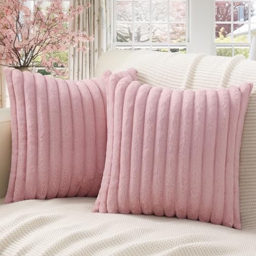Pallene Faux Fur Plush Throw Pillow Covers 18x18 Set of 2 - Soft Fluffy Striped Christmas Decorative Pillow Covers for Sofa, Couch, Living Room - Blush Pink