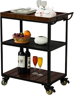 ROLTIN Elegant bar Trolley 3 Tiers Serving Trolley Large Kitchen Metal+Wood Sturdy Rolling Cart with Locking Wheels for Hotels, Catering,Restaurants Utility Cart