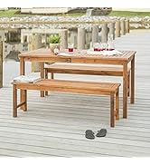 Walker Edison Dominica Contemporary 3 Piece Slatted Acacia Wood Outdoor Dining Table and Bench Se...