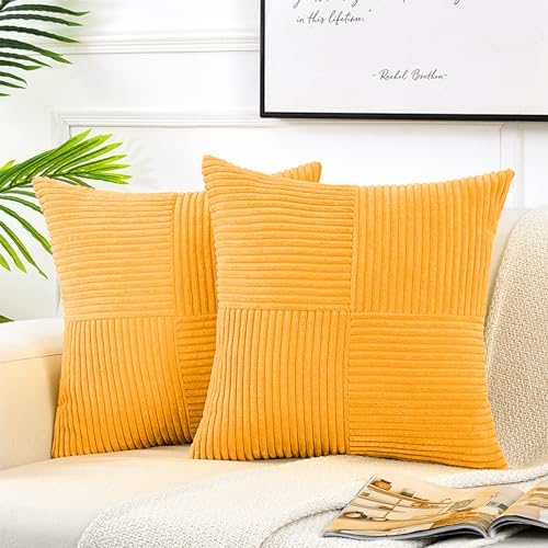 Fancy Homi 2 Packs Sunflower Yellow Spring Decorative Throw Pillow Covers 18x18 Inch for Living Room Couch Bed Sofa, Gold Yellow Home Decor, Soft Corss Corduroy Patchwork Textured Cushion Case 45x45cm