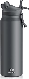 Image of ENCOOL 32 oz Insulated Water Bottle with Straw and Spout Lid, Stainless Steel, BPA-Free, Leak Proof, Double wall, for Sports, Gym (Graphite)