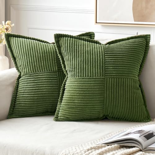 MIULEE Moss Green Corduroy Pillow Covers 16x16 Inch with Splicing Set of 2 Super Soft Boho Striped Pillow Covers Broadside Decorative Textured Throw Pillows for Spring Couch Cushion Bed Livingroom