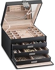 Jewellery Box Organiser - Large 42 Slot Classic Holder Boxes with Modern Closure, Drawer, Big Mirror &amp; 4 Trays for Women - Storage Case for Earring Ring Necklace Bracelet &amp; Watch - PU Leather - Black