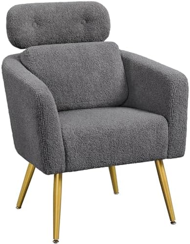 Yaheetech Accent Chair, Cozy Living Room Chair Adjustable Headrest, Boucle Vanity Chair Lumbar Pillow Golden Legs, Modern Armchair Bedroom, Dark Gray
