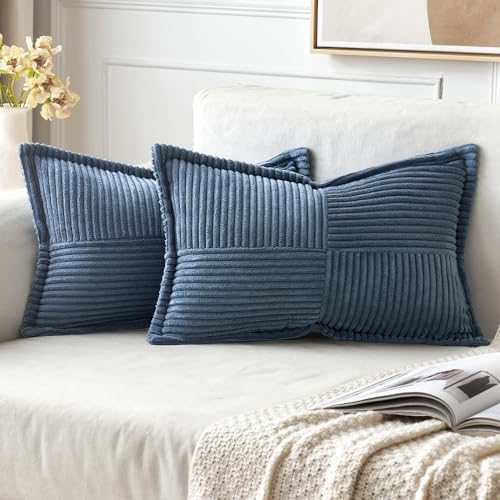 MIULEE Blue Corduroy Pillow Covers 12x20 inch with Splicing Set of 2 Super Soft Boho Striped Pillow Covers Broadside Decorative Textured Throw Pillows for Spring Couch Cushion Bed Livingroom