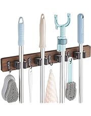 OUTNILI Mop and Broom Holder Wall Mount - Rustic Wood Broom Mop Hanger - Wall Mounted Garden Tool Rack Organizer for Closet Garage Laundry Room Kitchen Decor With 4 Slots &amp; 4 Hooks