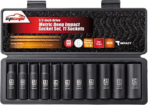 EPAuto 1/2-Inch Drive Metric Deep Impact Socket Set, Cr-V, 11 Sockets