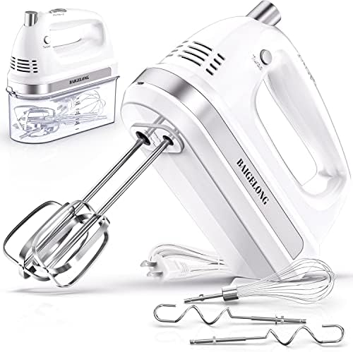 BAIGELONG Hand Electric Mixer, 300W Ultra Power Food Kitchen Mixer with 5 Self-Control Speeds + Turbo Boost, 5 Stainless Steel Attachments Handheld Mixer for Baking, White