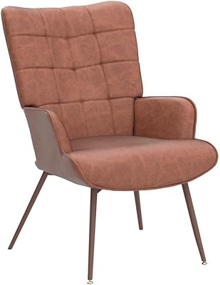 Kosydown Basic Leather Accent Chair, Brown Living Room Chair,High Back Accent Chair,PU Faux Leather Wingback Chair, Bedroom Chair