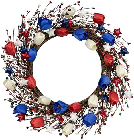 JINGHONG 20 Inch 4th of July Wreath Patriotic Wreaths for Front Door Red White Blue Tulip Wreath with Berries Stars for Memorial Day Independence Day Decor