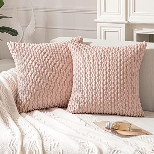 ANRODUO Pack of 2 Pink Pillow Covers Decorative Throw Pillow Covers 18x18 Inch for Couch Bed Living Room Soft Corduroy Striped Square Cushion covers Throw Pillows Rustic Farmhouse Boho Fall Home Decor