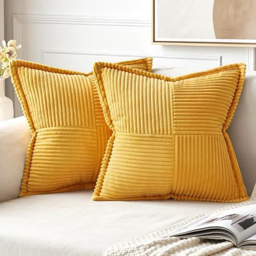 MIULEE Golden Yellow Pillow Covers 18x18 Inch with Splicing Set of 2 Super Soft Boho Striped Corduroy Pillow Covers Broadside Decorative Textured Throw Pillows for Fall Couch Cushion Livingroom