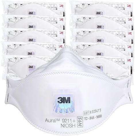 3M Aura Particulate Respirator 9211+, N95, Pack of 10 Disposable Respirators, Individually Wrapped, Cool Flow Valve, Flat Fold Design Allows for Facial Movement, NIOSH Approved, Comfort Plus, Dust