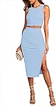 Pink Queen Women's Summer 2 Piece Outfit Set Ribbed Knit Tank Top Bodycon Slit Going Out Midi Skirt Dress Blue S