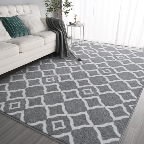 Kimicole Ultra Soft Shag Area Rug for Living Room, 4x6 Grey/White Fluffy Geometric Bedside Bedroom Rugs, Modern Moroccan Memory Foam Dorm Carpet Indoor Home Decor for Teens Girls Kids Nursery