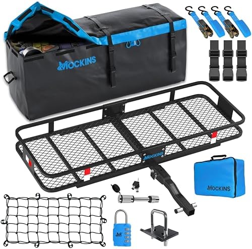 Mockins 60x20x6 Heavy-Duty Trailer Hitch Cargo Carrier 500lb Cap & 16 CuFt Soft Shell Waterproof Luggage Cargo Bag |Folding Hitch Cargo Carrier w/Net & Hitch Accessories |2" Receiver Hitch Cargo Rack