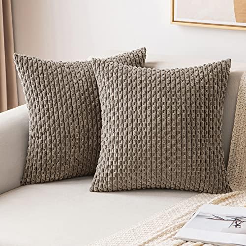 MIULEE Throw Pillow Covers Soft Corduroy Decorative Set of 2 Boho Striped Pillow Covers Pillowcases Farmhouse Home Decor for Couch Bed Sofa Living Room 18x18 Inch Brown