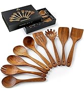 Zulay Kitchen 9-Piece Teak Wooden Utensils for Cooking - Natural Teak Utensil Set with Premium Gi...