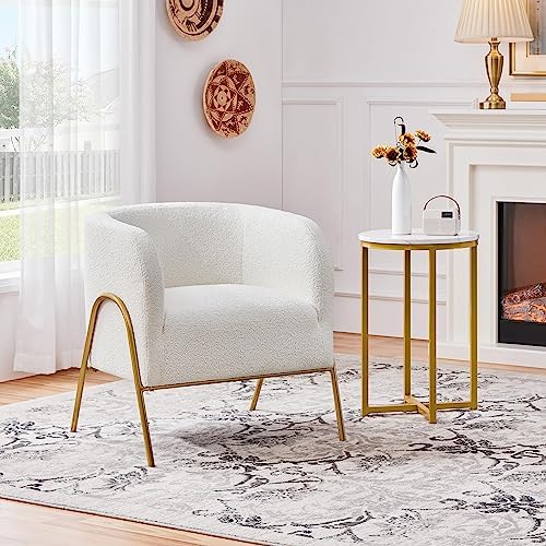 Yaheetech Accent Chair, Modern Barrel Chair, Boucle Fabric Vanity Chair with Golden Legs, Cozy Fuzzy Armchair for Living Room Makeup Room Bedroom Reading Nook Ivory