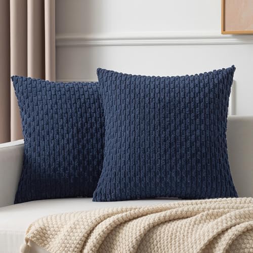 Kevin Textile Pillow Covers Decorative Set of 2 Striped Corduroy Plush Velvet Pillowcases Cushion Cover for Couch 18x18 Inch Navy Blue