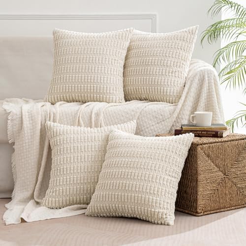 MIULEE Pack of 4 Cream White Corduroy Decorative Throw Pillow Covers 18x18 Inch Soft Boho Striped Pillow Covers Modern Farmhouse Home Decor for Sofa Living Room Couch Bed